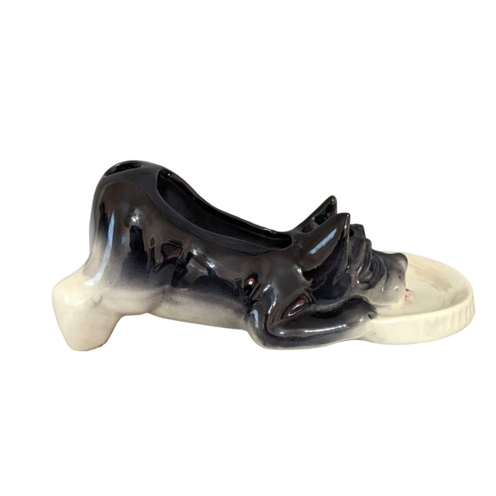 Vintage Scottie Dog Pipe Holder Planter Desk Accessory 11" Black & Cream Ceramic